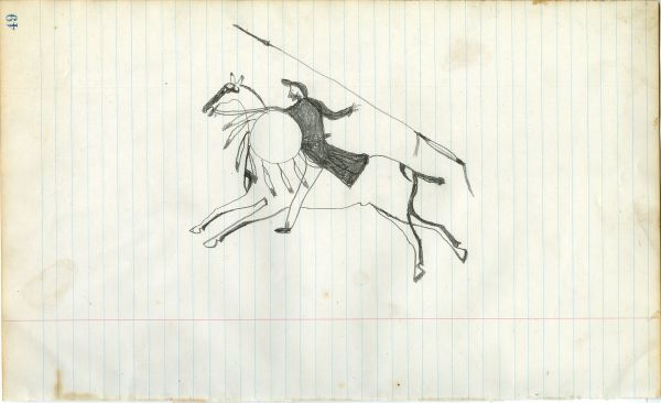 Lakota with top knot holding lance and blank shield on horse