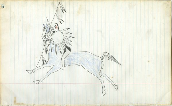 Lakota with holding rifle and lance and blank shield on blue horse