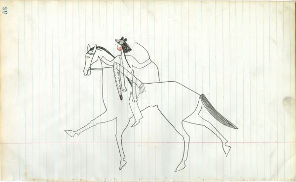 Lakota with red paint on lower face wearing a bear headdress and mountain lion quiver on outlined horse