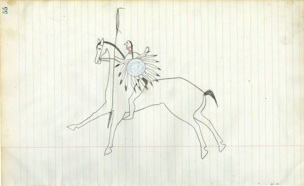 Lakota with holding lance and blank-blue shield on outlined horse with mane