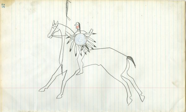 Lakota with holding lance and blank-blue spiral shield on outlined horse without mane