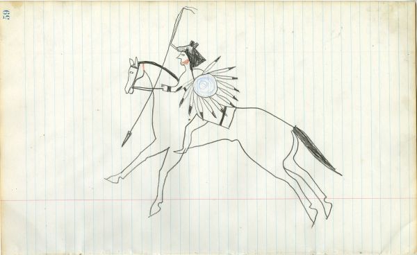Lakota, wearing bear headdress with spirit lines, holding lance and shield with blue spiral design on outlined horse