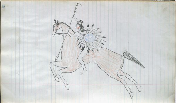 Lakota, wearing bear headdress with spirit lines, holding lance and shield with blue design on red horse