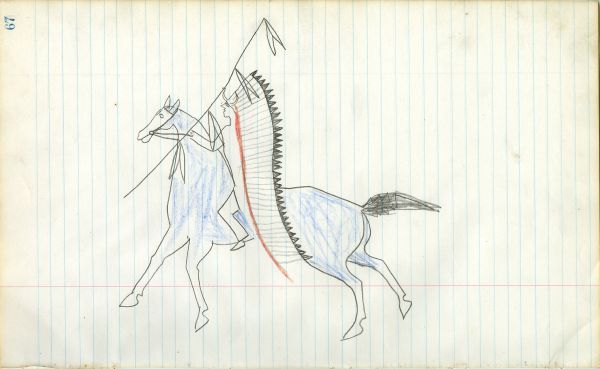 Lakota with banner bonnet and lance on blue horse