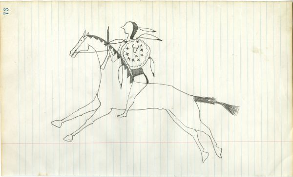 Lakota holding rifle and shield with buffalo head and stars, on horse 