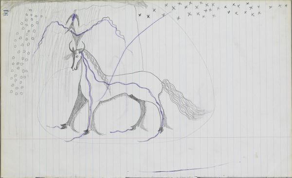 Horse in transformation to buffalo with sprit lines connecting to hail and stars through thunderbird above