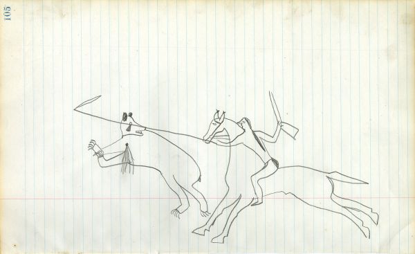 Lakota with rifle and lance/stick on horse striking wounded bear