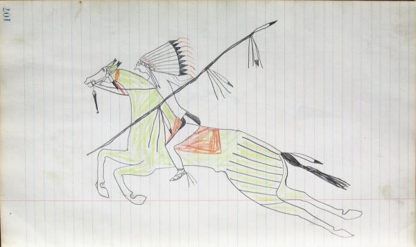 Lakota with eagle bonnet holding lance on yellow-green horse with striped haunches