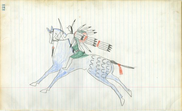 Lakota  with green lower dress and decorated shield with large feather drop on blue horse with horse hoof honor markings