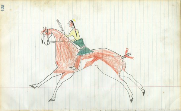 Lakota dressed in yellow and green holding rifle on red horse
