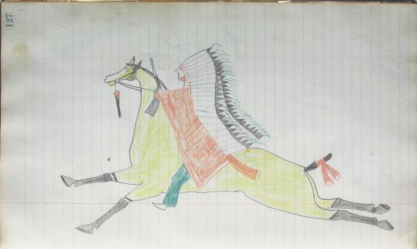 Lakota with double banner headdress wearing red capote holding rifle on yellow-green horse