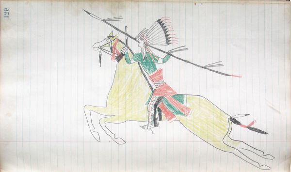 Lakota with eagle headdress wearing green and red holding lance on yellow-green horse