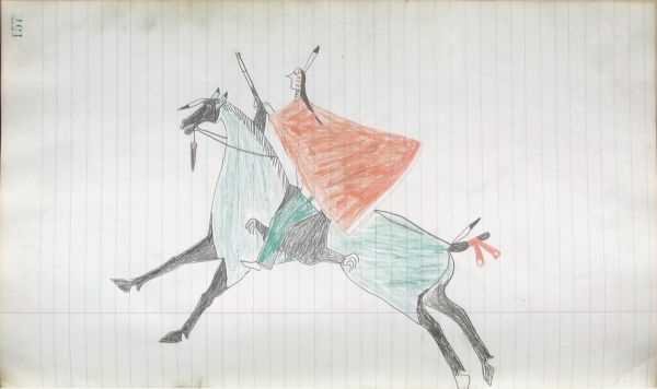 Lakota with pistol and red capote riding green horse with bear skin as saddle blanket