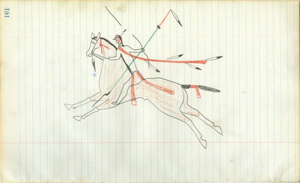 Lakota on light red horse with lance and bow, wearing a dog sash (extra line continuing bow)
