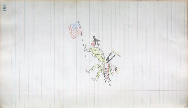 Dancer (Grass dance?) with bird headdress, exploit markings holding American flag