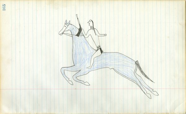 Lakota with rifle on blue horse