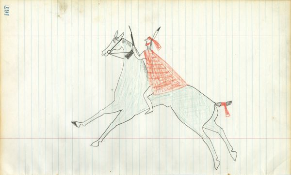 Lakota with pistol and red capote riding light blue horse 