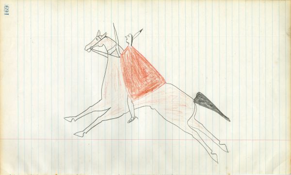 Lakota with pistol and red capote riding light red horse