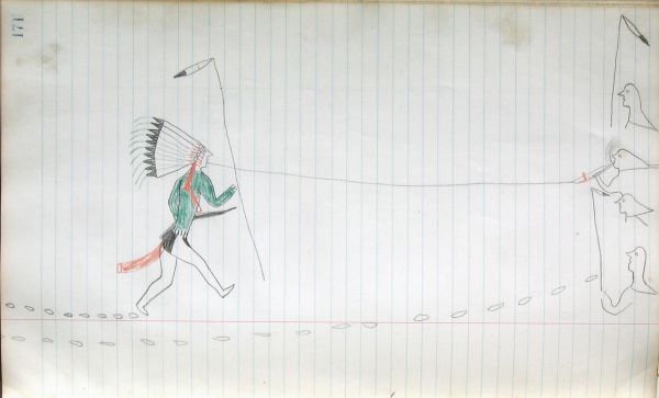 Lakota with eagle headdress in green shirt holding feathered staff walking towards group of 4 already assembled on the right.  2 hold feathered staffs, one blows on a pipe connecting spirit line to first Lakota