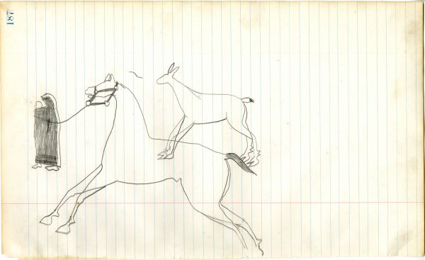 Courting couple holding horse with small elk drawn over the scene in the center