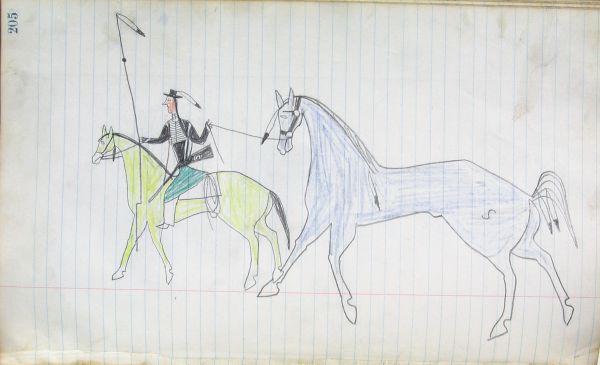 Lakota with hat carrying feather tipped lance on yellow-green horse leading a captured blue cavalry horse
