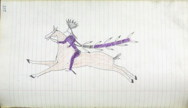 Lakota wearing eagle feather headdress, in purple, blowing eagle bone whistle and riding red horse with dog sash streaming behind