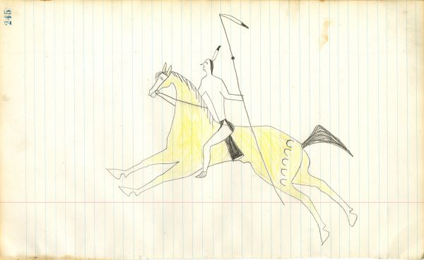 Man holding lance with feather riding yellow horse