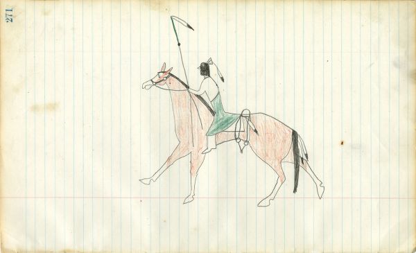 Man holding staff with feather on red horse.  Face painted black and extra bridle hanging from saddle blanket