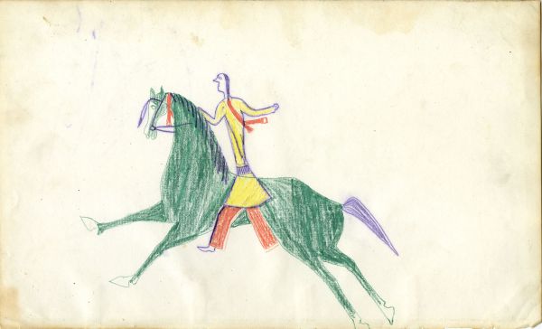 Man in yellow on green horse, purple ink added