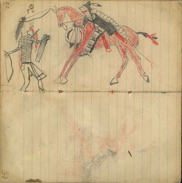 Mounted warrior with shield, decorated leggings, &  hairplates on red horse counting coup with bow on enemy with bow on foot