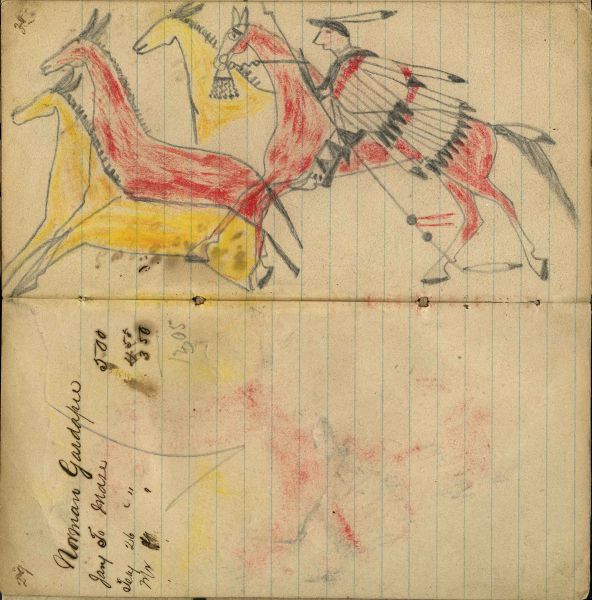 Writing - Norman Garapee, Jan to Mase 500; Mounted warrior with shield and feather drops stealing 3 red & yellow horses