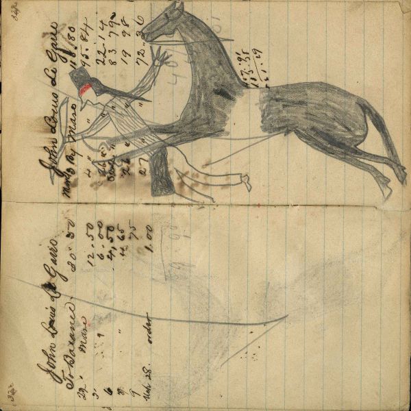 Writing - John Louis Le Garre, To Balance, 30.50; Horse in pencil with dismounted enemy facing ground and holding bow – over writing