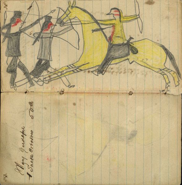 Writing - Man Gardapee; Mounted warrior with bow and lance on yellow horse charging 2 Crow with bows & arrows on foot