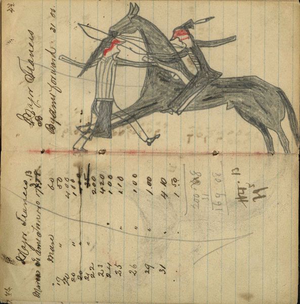 Writing - Major Francis; Mounted warrior horse counting coup with bow charging Crow swinging rifle – on writing