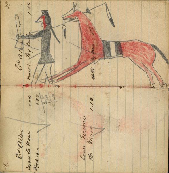 Writing - Ed Allen; Red Horse with dismounted enemy holding rifle showing touch with coup stick – on writing