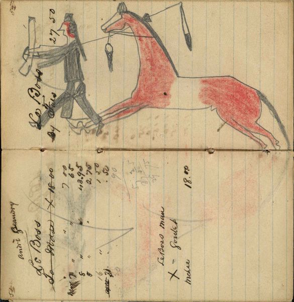 Writing - Le Boss; Red Horse (no saddle) with dismounted enemy wearing holding rifle showing touch with coup stick – on writing