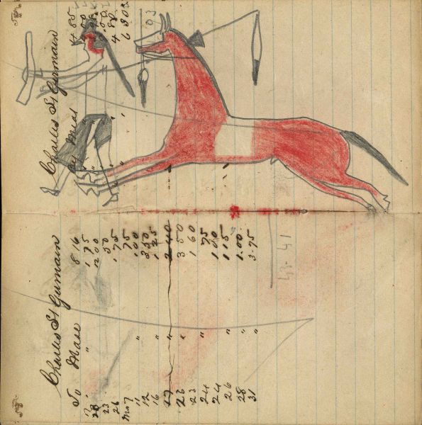 Writing - Charles St. Germaine; Red Horse (no saddle) with dismounted enemy wearing no shirt & holding rifle showing touch with coup stick – on writing