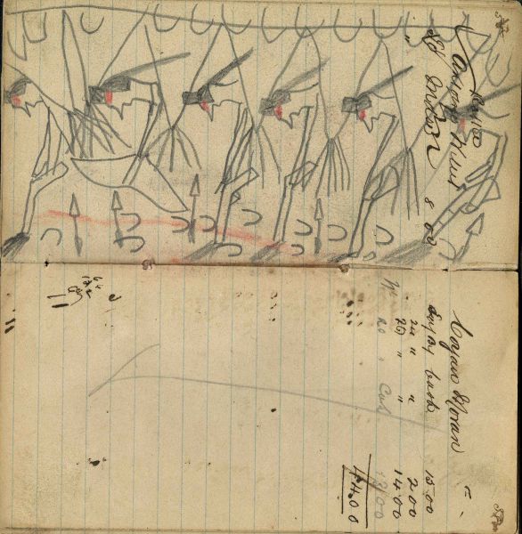 Party of 6 Crow warriors firing rifles, 1 bow, and 1 flintlock emerging from tipi village with horse tracks around; Writing - Logan Moran