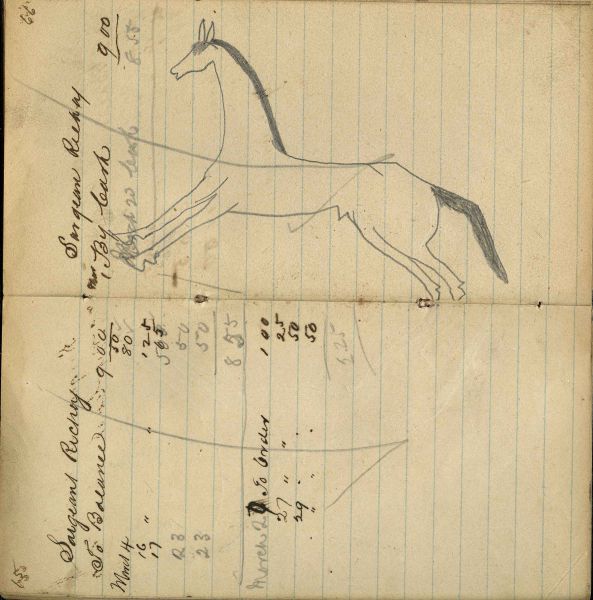 Writing - Sargent Richey; Horse outline with mane in pencil – on writing