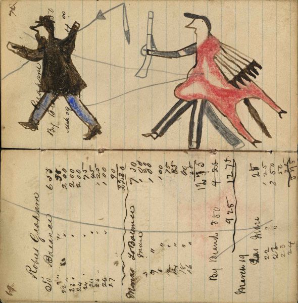 Writing - Robert Graham; Warrior holding gun on foot chasing soldier running away showing touch with coup stick – on writing