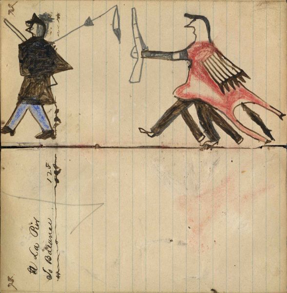 Writing - La Pier; Warrior holding gun on foot chasing soldier running away showing touch with coup stick