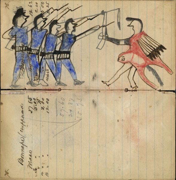 Writing - Bonnape/ Chippewa; Warrior holding gun on foot wearing mountain lion hide with eagle feather decorations charging 4 soldiers with rifles showing touches with coup stick – on writing
