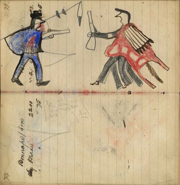 Writing - Bonnape/ Son; Warrior holding gun on foot facing soldier in blue capote showing touch with coup stick – on writing