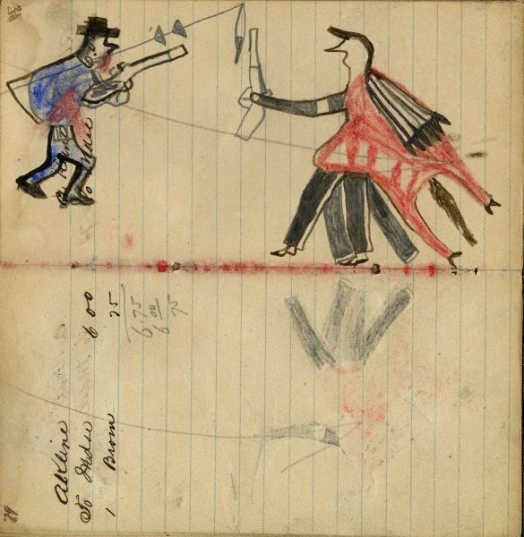 Writing - A. Klein; Warrior holding gun on foot facing soldier in blue capote with knees bent showing touch with coup stick – on writing