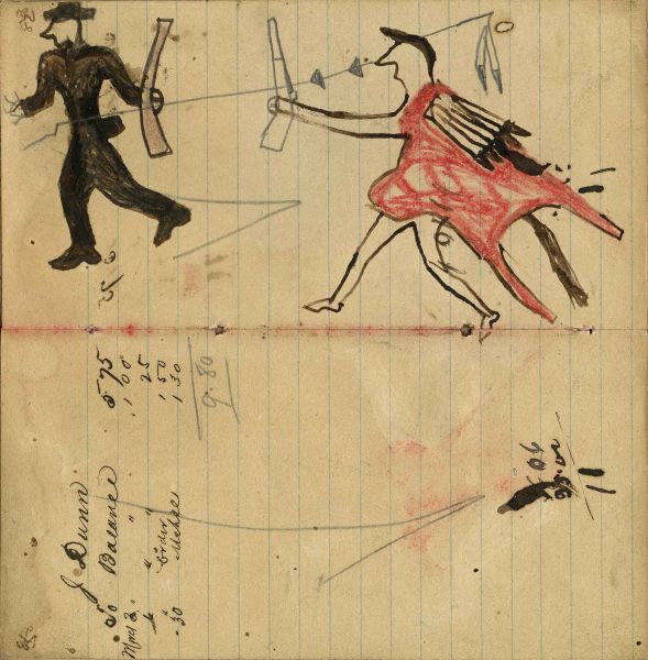 Writing - J. Dunn; Warrior holding gun on foot chasing soldier running away holding rifle showing touch with coup stick