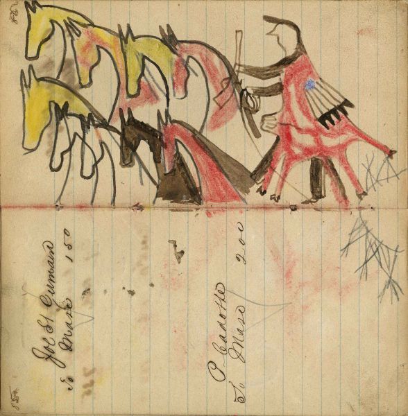 Writing - Joe St. Germaine; Warrior wearing animal skin holding gun and rope on foot stealing 9 yellow, white, brown, and red horses