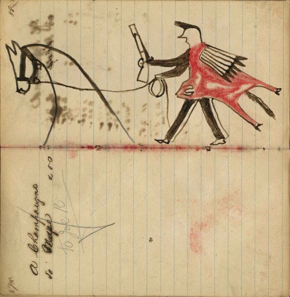 Writing- A Champaugno; Warrior wearing animal skin holding gun and rope on foot stealing red horse – portrait of horse in outline