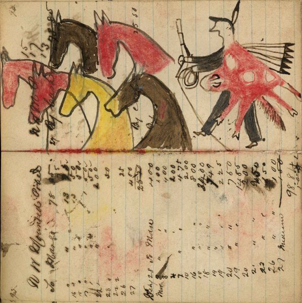 Writing - N W Mounted Police; Warrior wearing animal skin holding gun and rope on foot stealing 5 red, yellow, brown horses – on writing