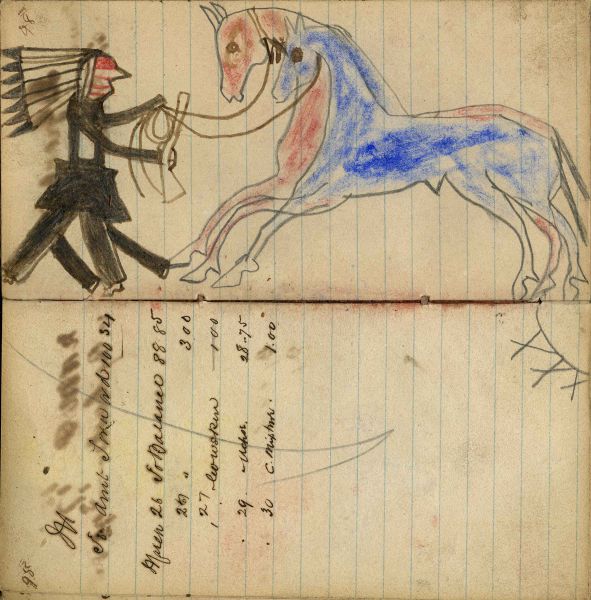 Writing - M; Warrior wearing bonnet holding gun and rope on foot stealing red & blue horse – village facing