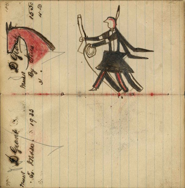 Writing - D Grant; Warrior holding gun and rope on foot stealing red horse – portrait of horse in outline – on writing